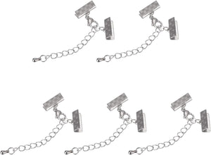 5Sets Ribbon Crimp Clamp Ends with Lobster Claw Clasps & Extension Chain, 13mm Stripe Cord End Clasps for DIY Craft Making, Silver Tone