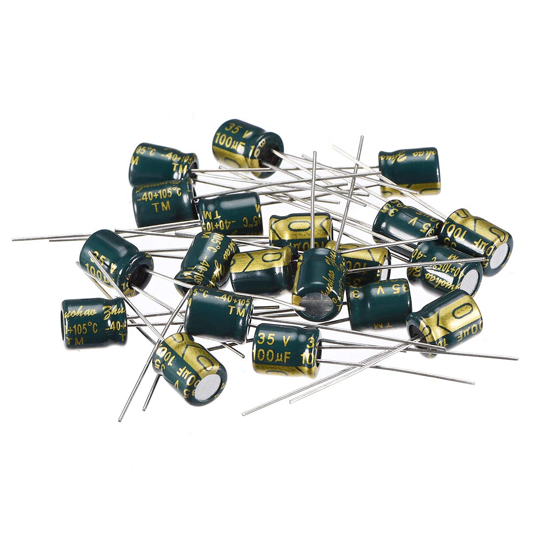 Aluminum Radial Electrolytic Capacitor Low ESR 100uF 35V 105 Celsius 3000H Life 6.3x7mm High Ripple Current Low Impedance 20pcs Green