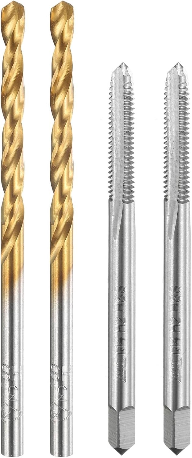 Tap and Drill Bit Set, 2pcs M4 x 0.7 Metric Straight Flute Thread Screw Taps & 2pcs 3.3mm Twist Drill Bits, Uncoated/Titanium Coated HSS-6542 Tapping Threading Tool Kit