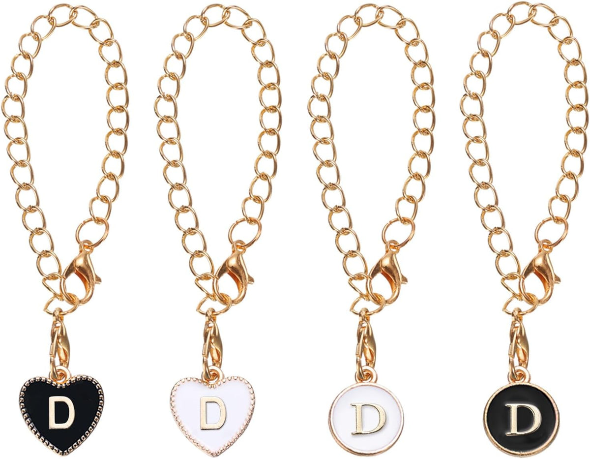 Letter Charm Accessories for Tumbler Cup, 2pcs Round Charm Chain and 2pcs Heart Shaped Name ID Charm for Water Bottle, Black/White(Letter D)