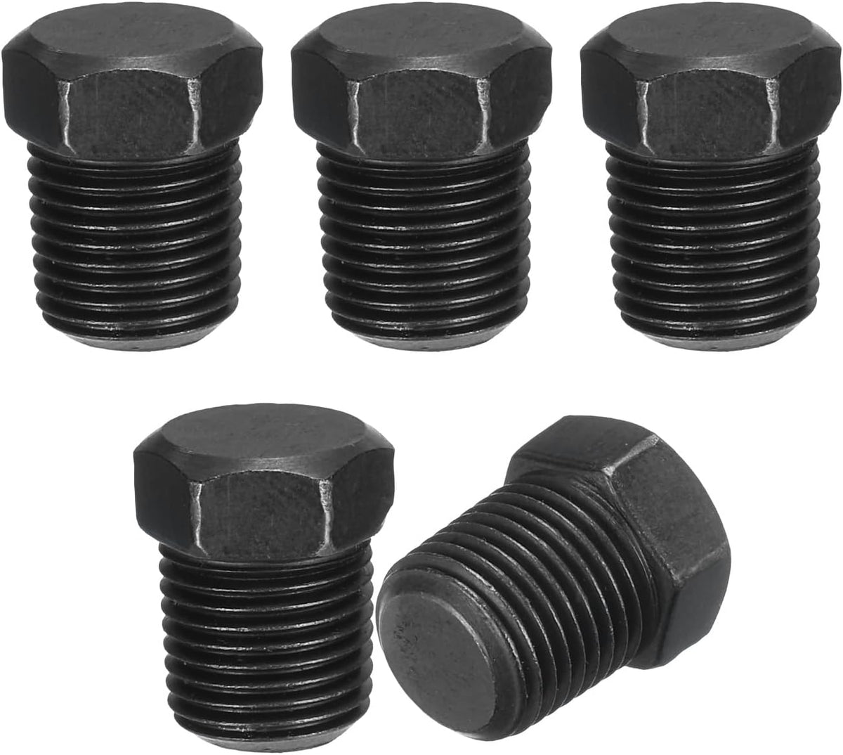 5Pcs 1/8 NPT Outer Hex Head Thread Pipe Plug Fitting, Male Pipe Plug Carbon Steel Pipe Fitting with Sealing Ring for Terminate Oil Drain Plug Fitting Pipe Ends, Black