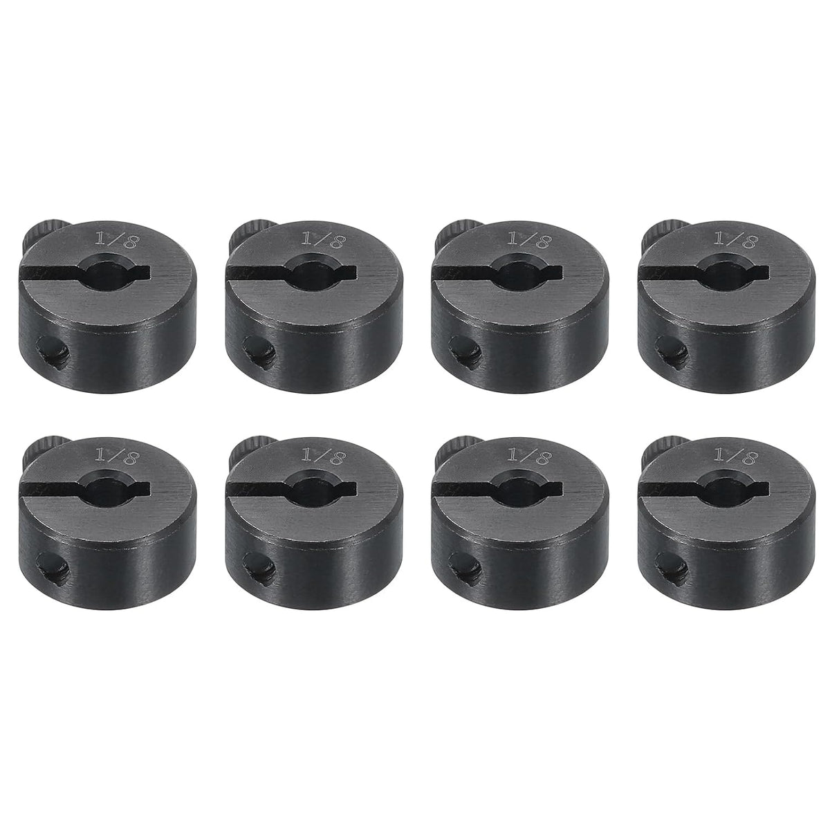 8pcs Single Split Shaft Collar 1/8" Bore One-Piece Clamping Collar, 1/2" OD, 1/4" Thickness, Black Oxide Steel Set Screw Lock Collar Clamp