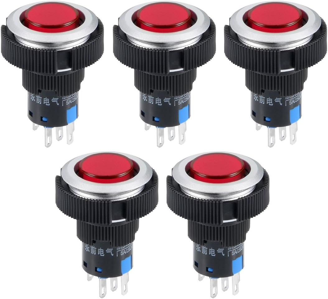 5 Pcs 22mm Momentary Push Button Switch Red LED Light Round Button With Fixed Ring 1 NO 1 NC Light 24V