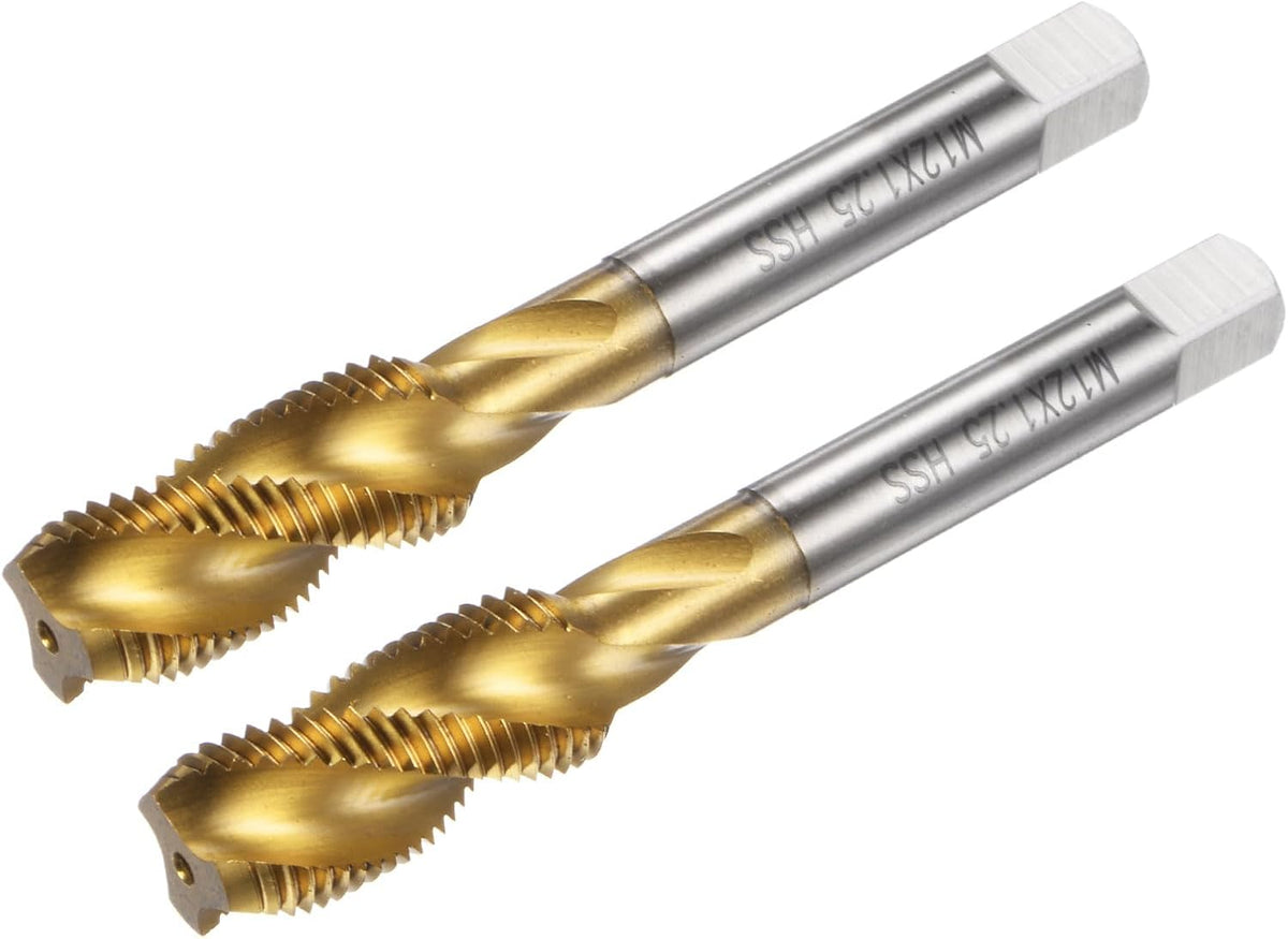 2pcs Spiral Flute Thread Taps, Metric M12 x 1.25 H2 Screw Threading Tap, Titanium Coated M2 High Speed Steel Machine Tapping Tools for Machinist Repair