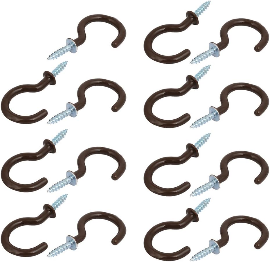 13mm Opening Width 46mm Length Vinyl Coated Ceiling Cup Screw Hook Brown 15pcs