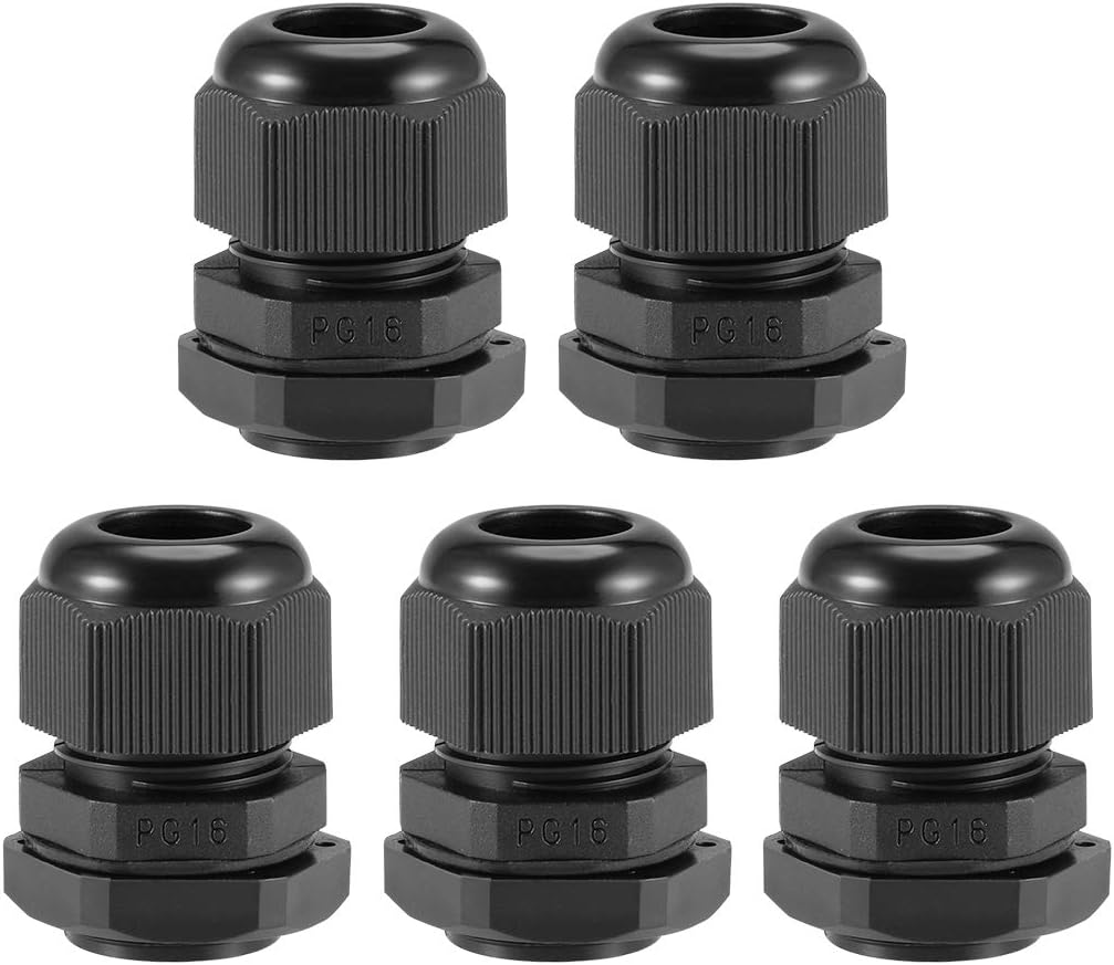 PG16 Cable Gland 7mm-12mm Wire Hole Waterproof Nylon Joint Adjustable Locknut with Washer Black 5pcs