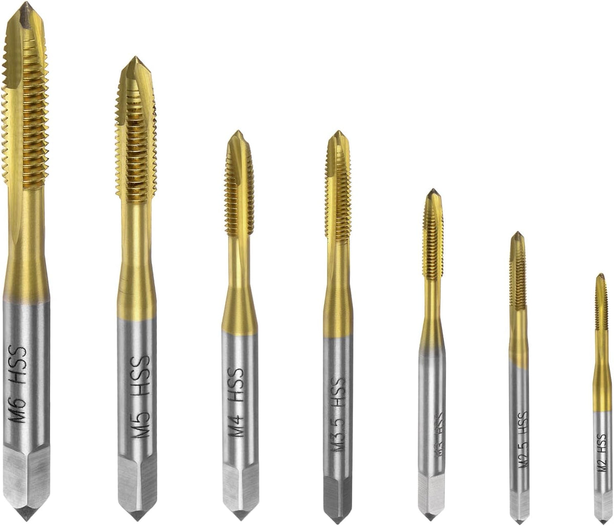 7pcs Spiral Point Tap Set M2 M2.5 M3 M3.5 M4 M5 M6 Metric Thread Screw Taps, Titanium Coated High Speed Steel 6542 Machine Tapping Threading Repair Tool