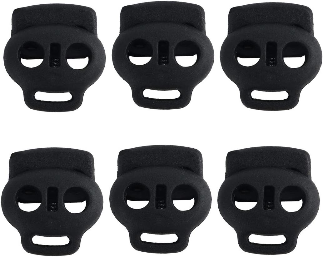 LinkMejor 6pcs Plastic Cord Locks Stopper End Spring Stop Double Holes Toggle Fastener Rope End for Drawstring Clothing, Shoelaces, Camping, Bag, Black