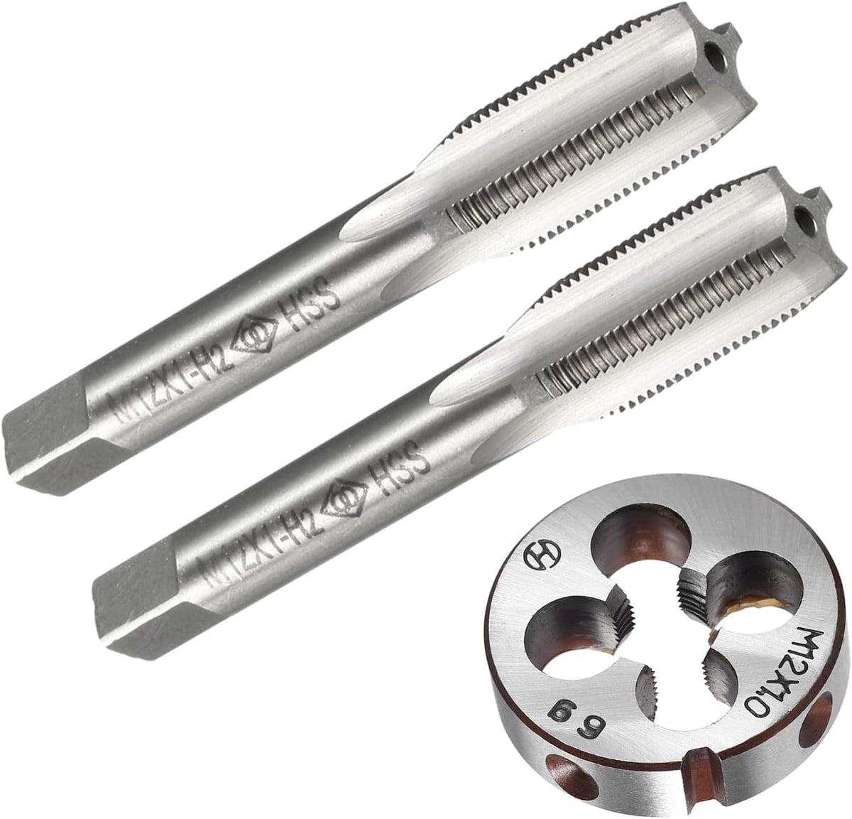 M12 x 1 Metric Tap and Round Die Set H2 High Speed Steel Right Hand Uncoated 4 Straight Flutes Machine Thread Milling Tapping Threading Die DIY Tool Alloy Steel 3pcs