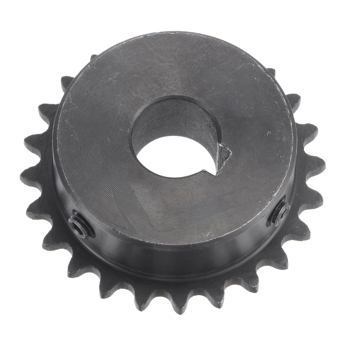 24 Tooth Roller Sprocket B Type, #25 Chain, Single Strand 1/4" Pitch, 14mm Bore Black Oxide C45 Carbon Steel, Keyway with Set Screws for ISO 04C