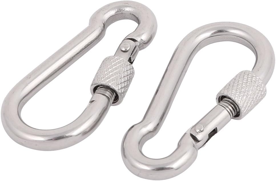 5mm Thick 304 Stainless Steel Spring Snap Hook Carabiner Screw Lock Keyring 2pcs