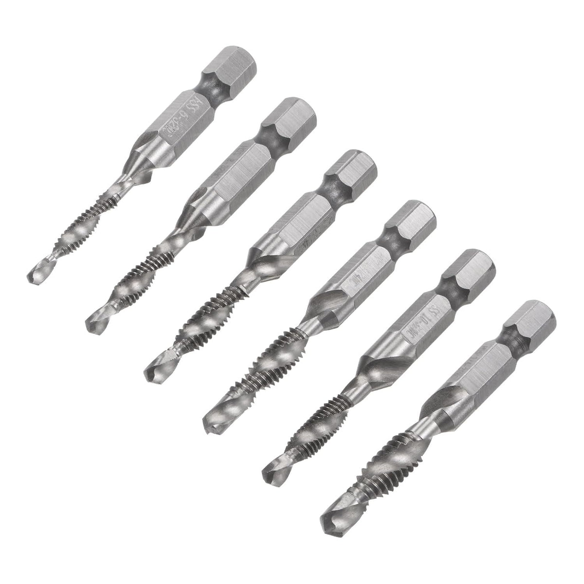 Combination Drill and Tap Bit Set, 6-32 8-32 10-3210-24 12-24 1/4-20 High Speed Steel 4341 Spiral Flute Drilling Tapping Tool 1/4" Hex Shank 6pcs