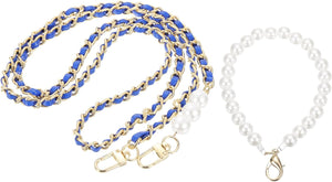 Purse Chain Strap, Iron Replacement Strap Crossbody Bag Chains Phone Lanyard with Buckles and Pearl for Wallet Clutch Bags, 49 Inch, Gold & Blue