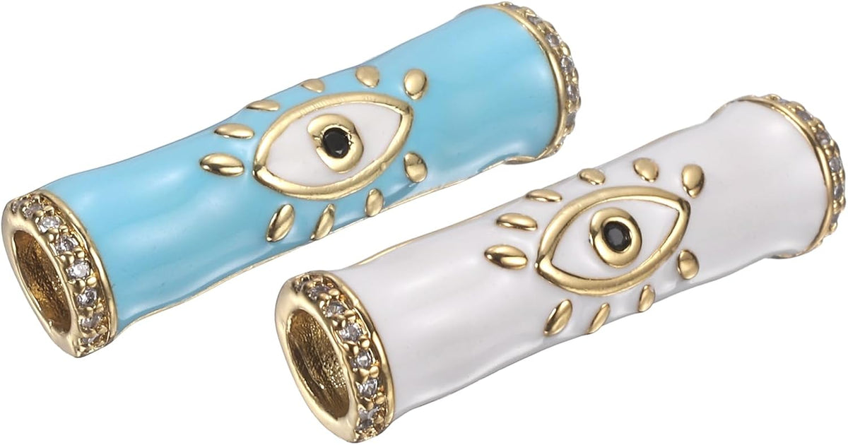 2 Pcs Long Tube Beads, Turkish Evil Eye Micro Pave Cubic Zirconia Beads Spacer Real 18K Gold Plated for Jewelry Making, Crafts & Sewing, Light Blue/White