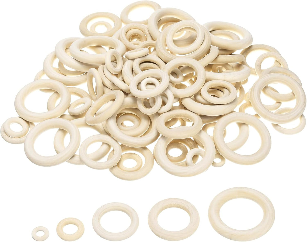 LinkMejor 200 PCS 5 Size Natural Wood Craft Ring, Small Wooden Rings Circle, Unfinished Solid Wood Pendant Connectors for DIY Craft, Macrame, Ring Pendant and Jewelry Making