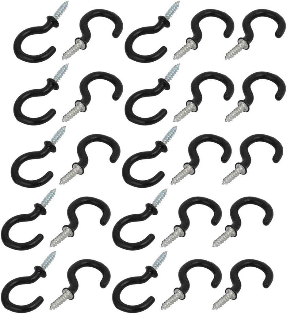 1 Inch Plastic Coated Screw-in Open Cup Ceiling Hooks Hangers Black 25pcs