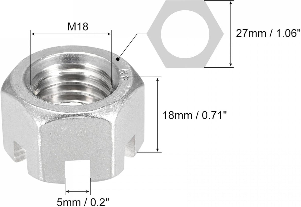 M18x2.5mm Hexagon Slotted Nut, Grade 6.8 316 Stainless Steel Hex Castle Nuts, Silver Tone