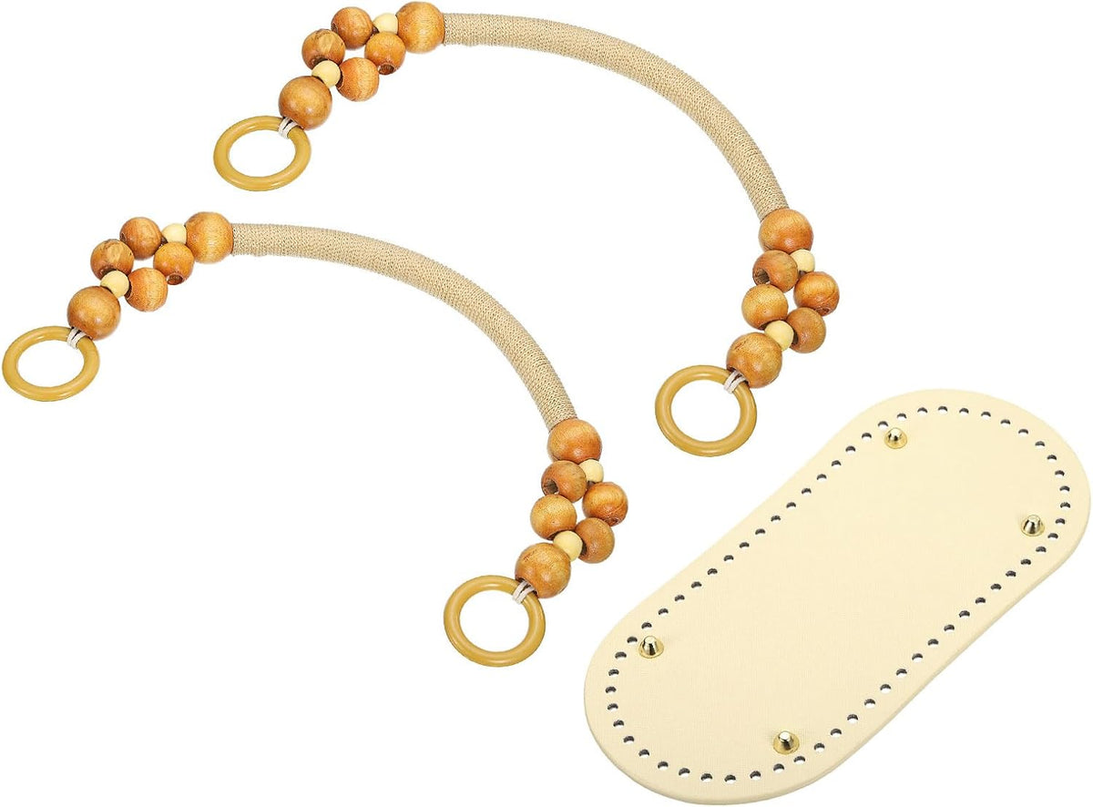 Crochet Bag Bottom with Beaded Bag Handles, 9.84"x4.72" Oval PU Leather Bag Bottom Shaper Pad Purse Handles Replacement for DIY Knitting Crochet Bag Making (Apricot, Beige)