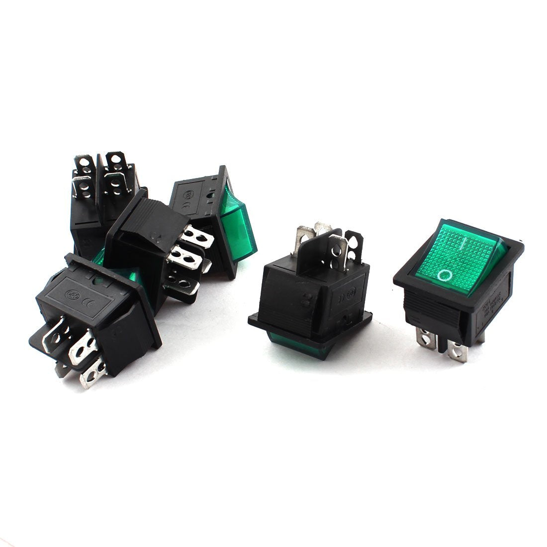 a14102800ux0243 DPST 4 Pin Green Head Rectangle Boat Rocker Switch, AC250V 15 Amp, AC125V 20 Amp, 6 Piece