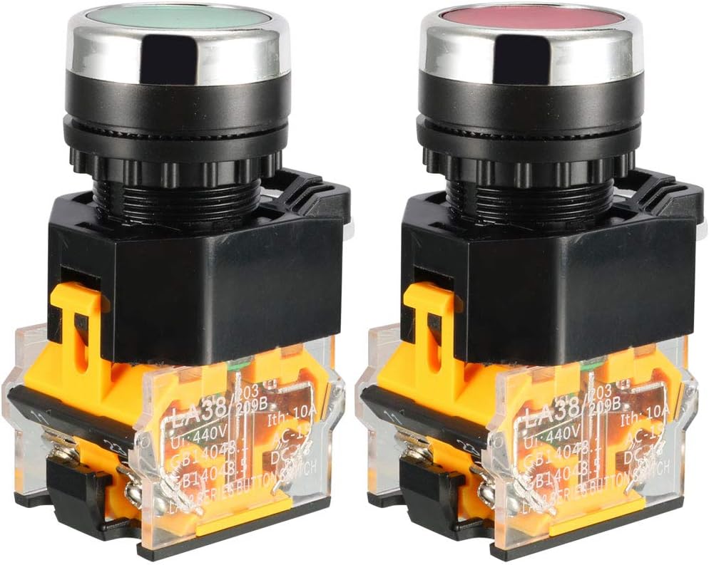 2pcs 22mm Mount 10A 380V DPST Red Green Momentary Push Button Switch