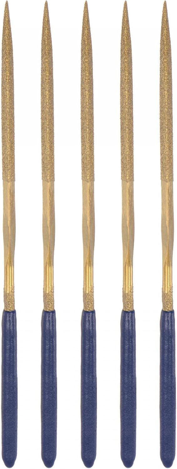 Diamond Needle Files, 3mm x 140mm Titanium Coated Triangle Files Hand Tool with TPU Handle for Metal Stone Wood 5pcs