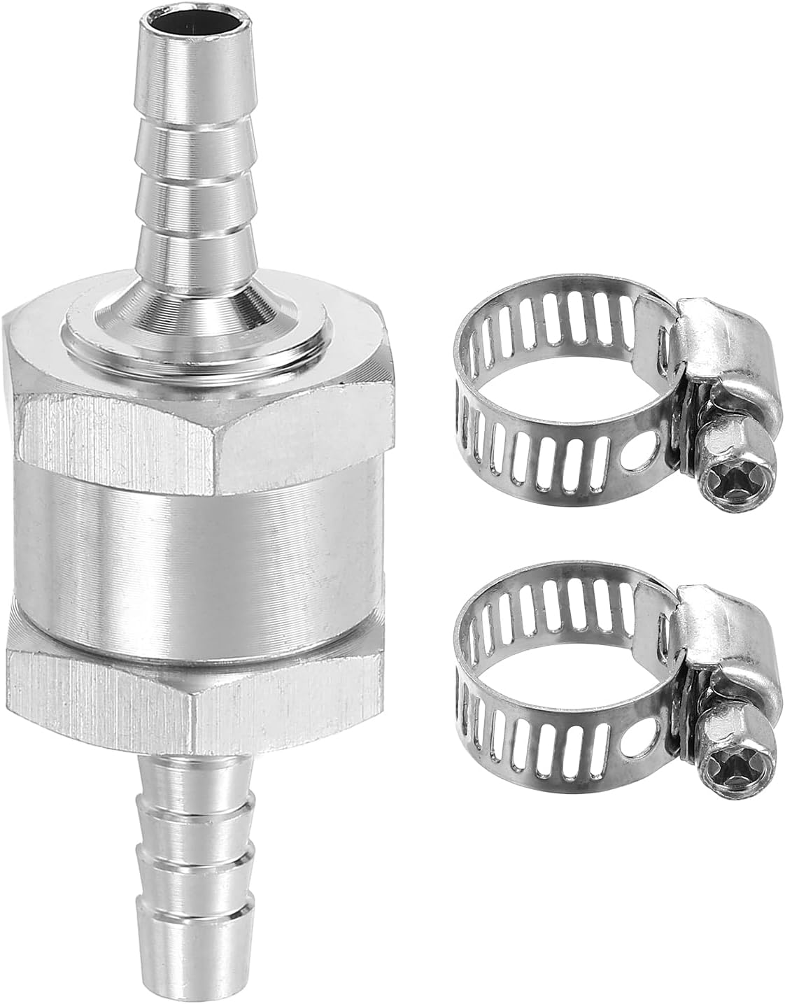 6mm (1/4") Fuel Check Valve, Non-Return One Way Check Valve With Clamps, Aluminum Alloy Control Accessories for Petrol, Diesel, Gas, Oil, Air, Water, Silver