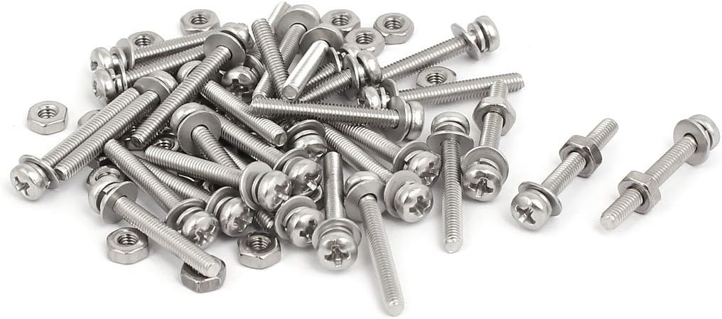 M2.5x20mm 304 Stainless Steel Phillips Pan Head Bolt Screw Nut w Washer 30 Sets