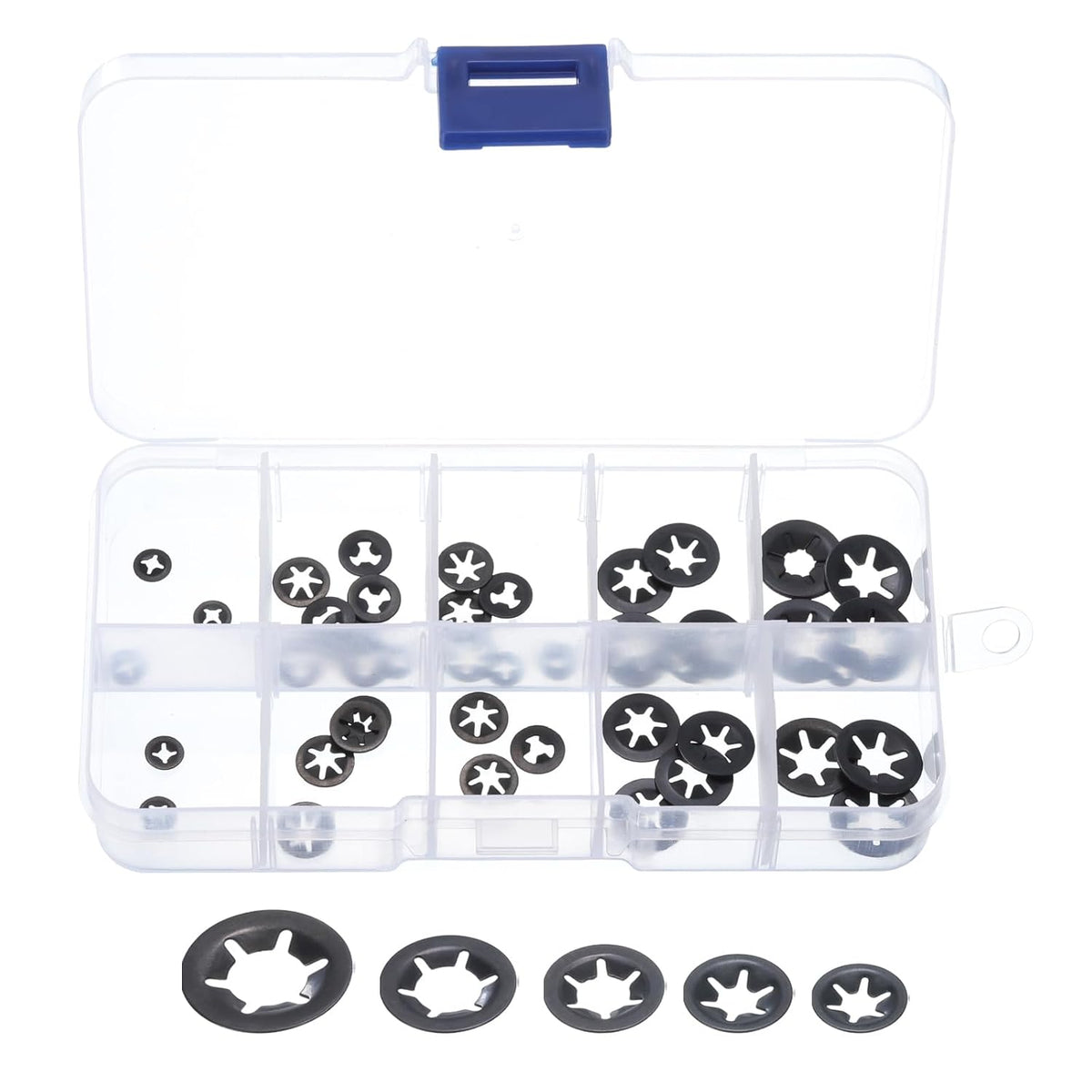 50 Pcs Internal Tooth Washers Set, 5 Sizes M2/M2.5/M3/M4/M5 Quick ing Washers, 65Mn Steel Push on Speed Clips Fasteners
