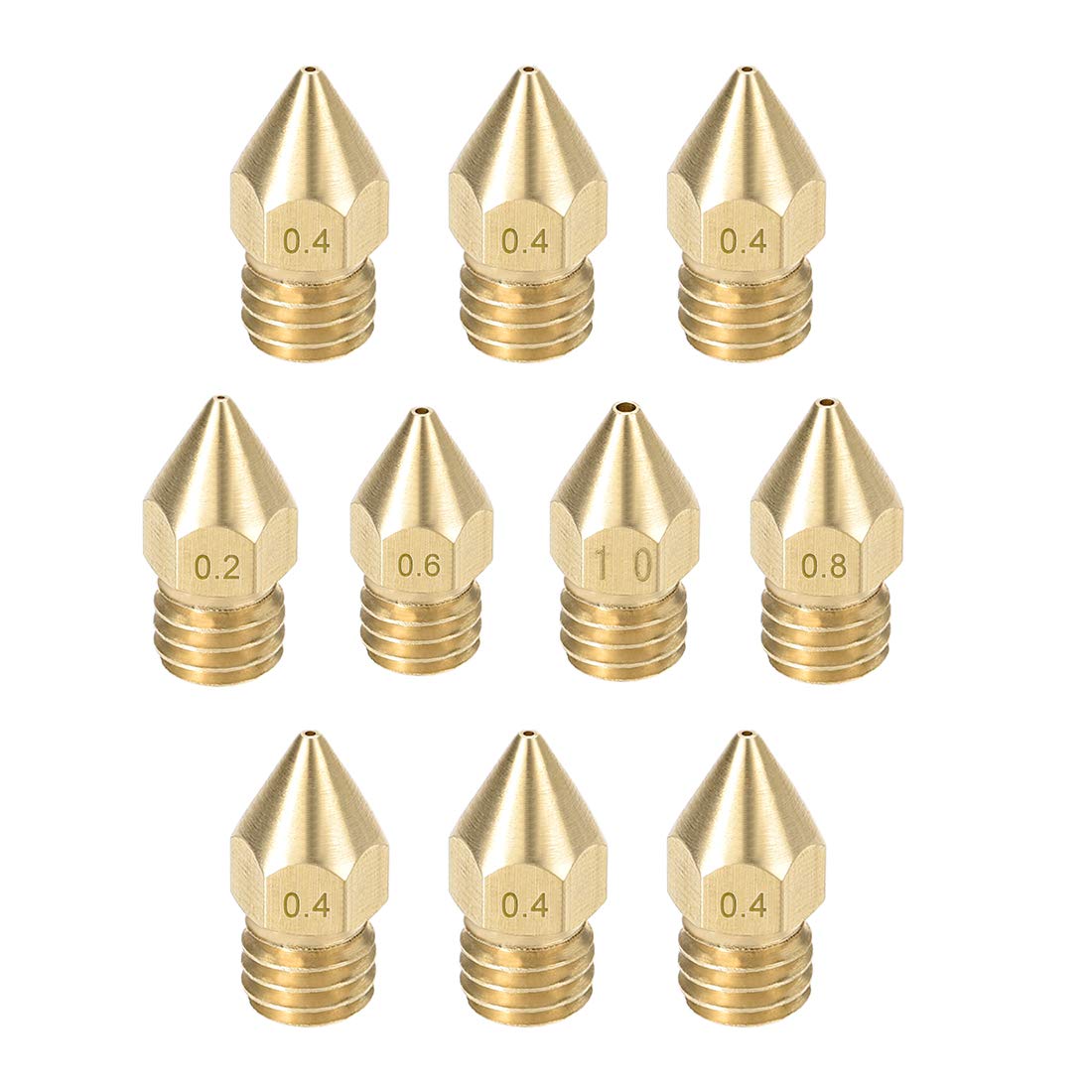 10pcs 3D Printer Nozzle,M6 Brass Nozzle 0.2mm,0.4mm,0.6mm,8mm,1mm,for 3D Printer Extruder 1.75mm Filament