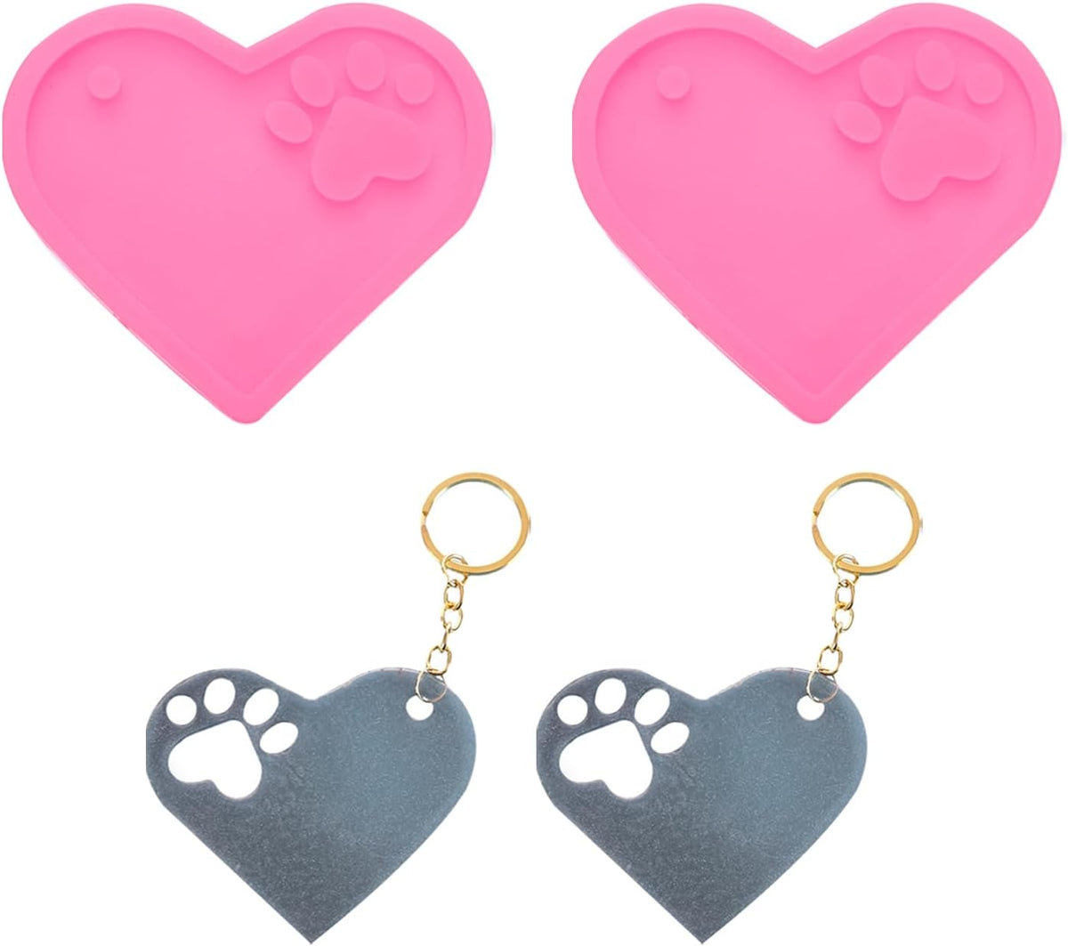 2 Pcs Heart & Paw Print Resin Moulds, Silicone Epoxy Mould Kit with Hole for Pendant Keychains Ornament Jewelry Resin Art Crafts Making DIY Crafts, Pink
