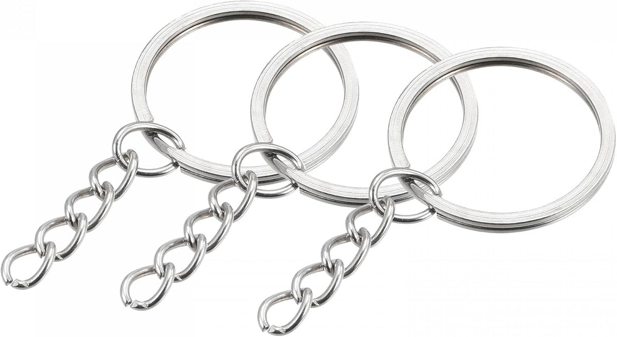 LinkMejor Split Keychain Rings, 2x28mm Round Flat Key Holder with Chain for Home Car Keys Organization, Nickel Plated, Silver Tone 24Pcs