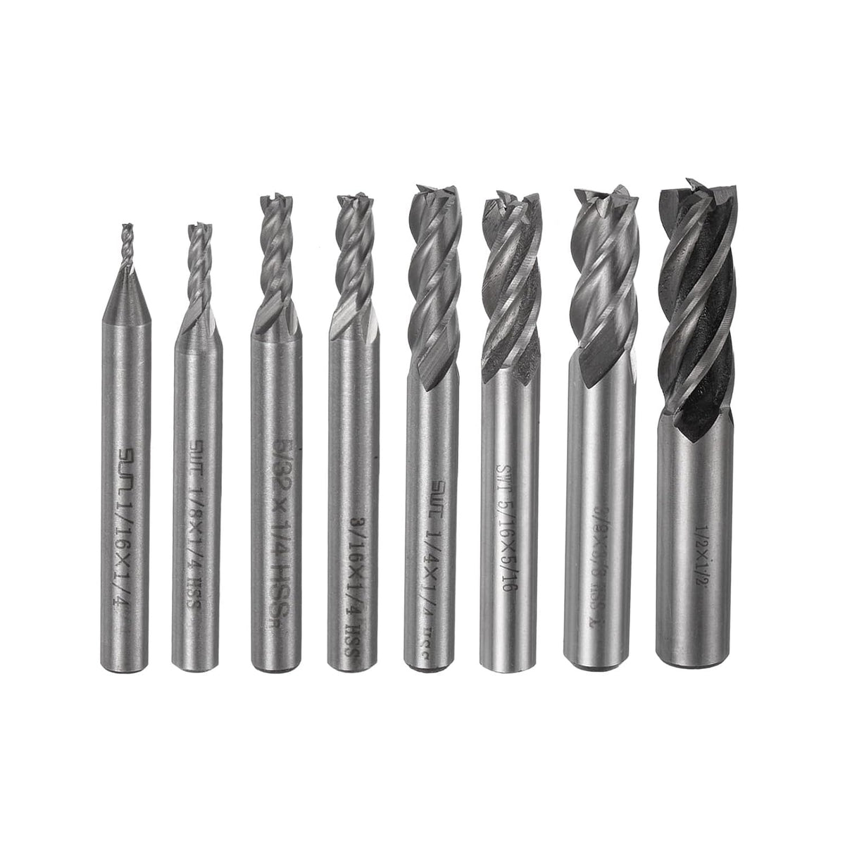 Square Nose End Mills Sets 4-Flute 1/4" 1/8" 3/8" 3/16" 1/2" 1/16" 5/32" 5/16" High-Speed Steel CNC Milling Cutter Bits Tool for Aluminum Steel Cutting Metalworking