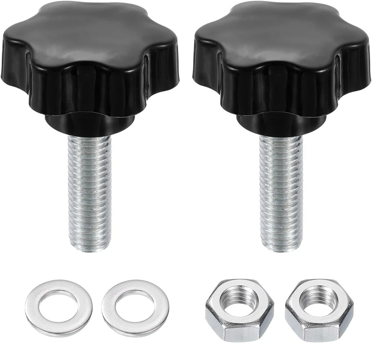 2pcs Star Clamping Knobs with Nuts Washers, M12 x 40mm Metric Zinc Plated Carbon Steel Male Thread 48mm 6-Star Plastic Head, Threaded Stud Hand Knobs Handles Thumb Screws, Black