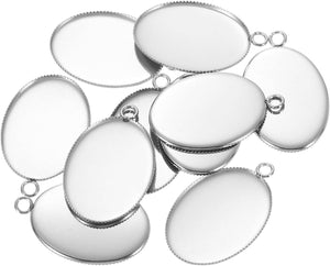 Oval Pendant Blank Tray, 10Pcs 18mm - Stainless Steel Cabochons Setting Blank Connector Base for DIY Jewelry and Making Embossed Photo (Silver)