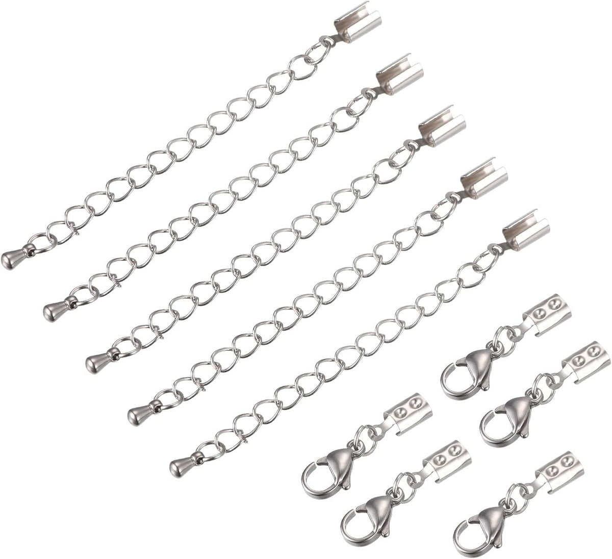 10Sets Fold Over Cord Ends with Lobster Claw Clasps & Extender Chain, 3mm Terminators Crimp Cap Clasp Tips for DIY Craft Making, Silver Tone