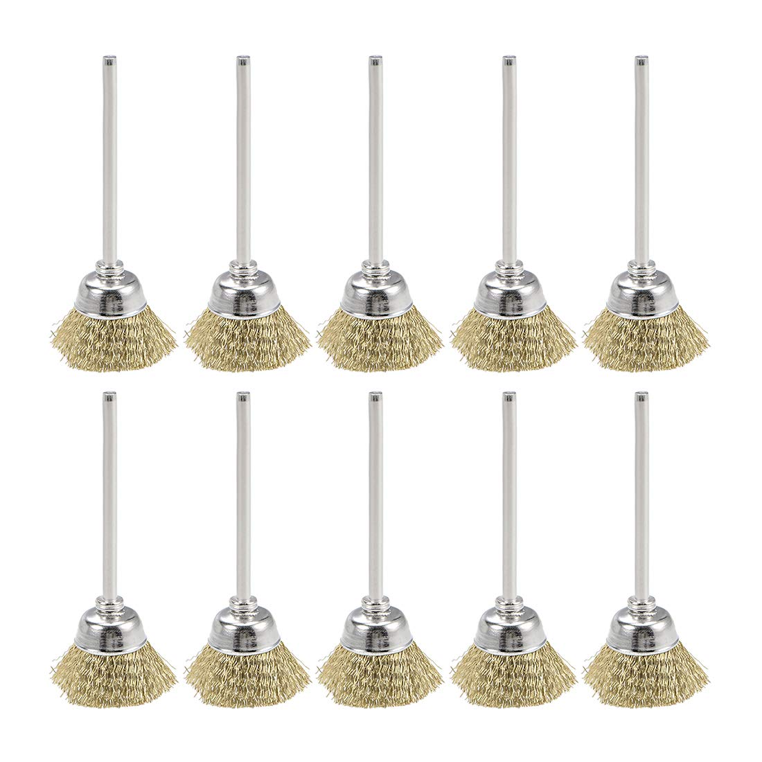 Mini Wire Cup Brush Brass Plated Crimped Steel 20 X 9mm with 2.35mm Shank 10 Pcs