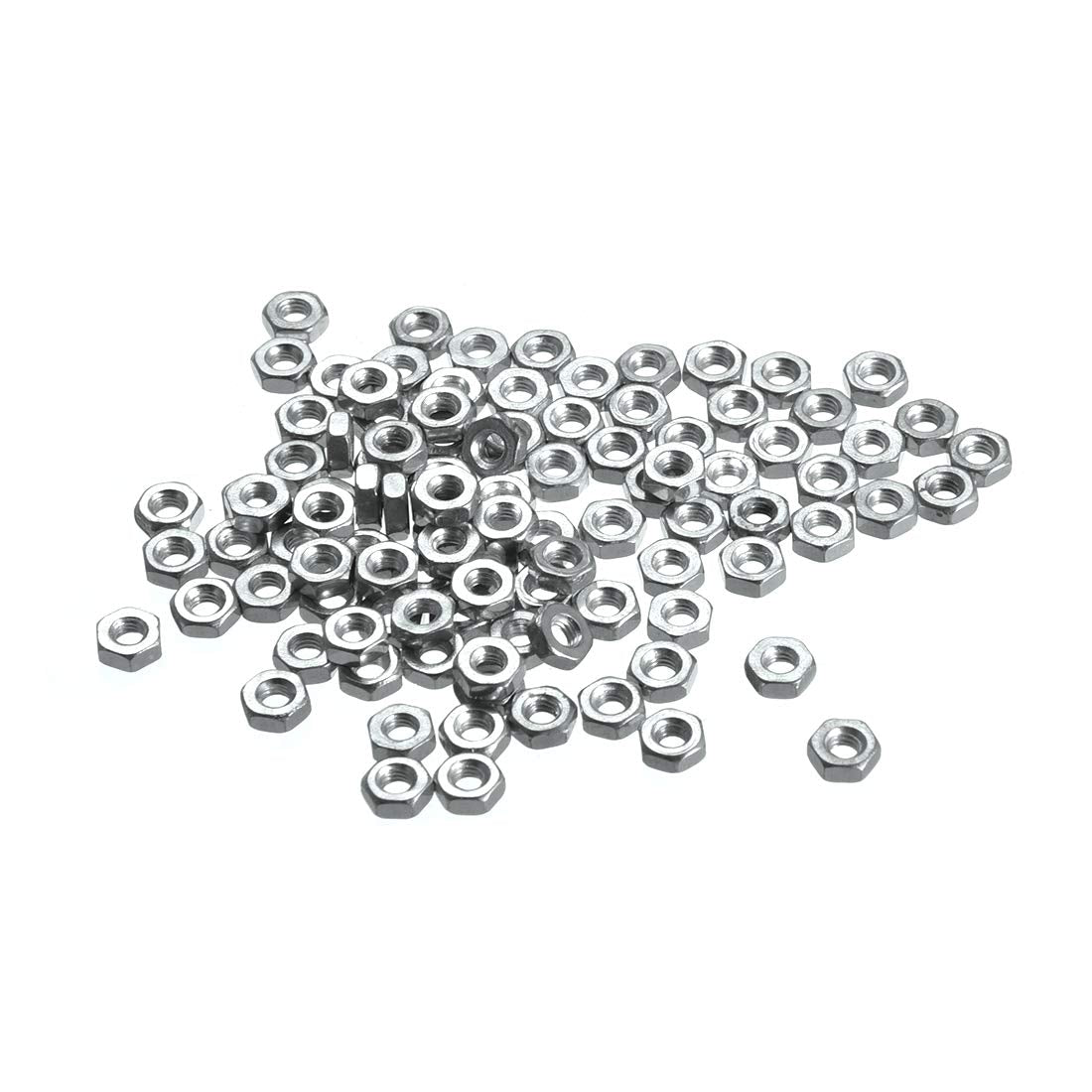 Hex Nuts, M2.5x0.45mm Metric Coarse Thread Hexagon Nut, Carbon Steel, Pack of 100 (Silver Tone)
