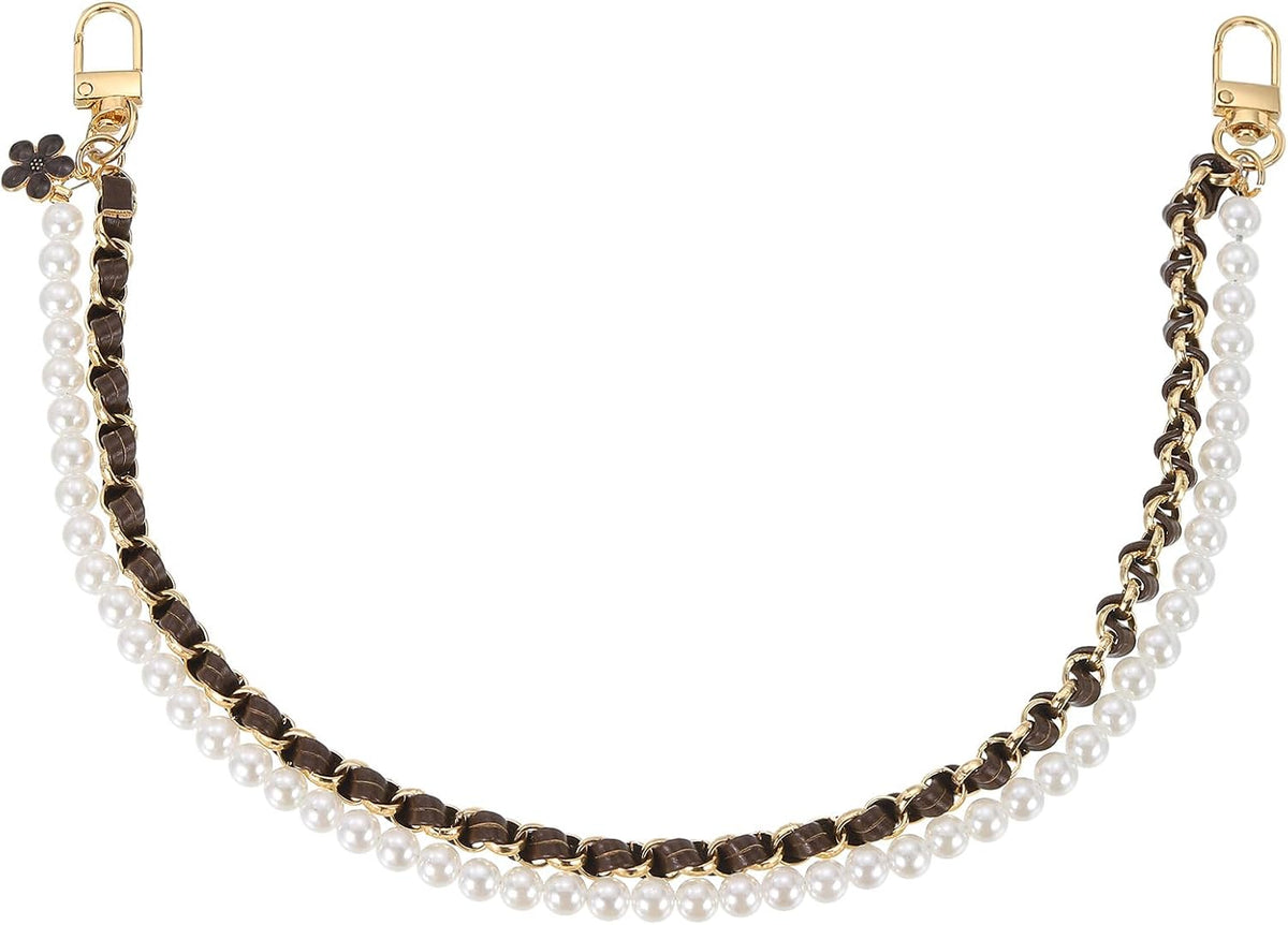 17.7" Pearl Purse Double Chain, Metal Purse Extender Chain, PU Leather Handle Replace Chain, Purse Handles Chain Wrist for Handbag, Mobile Case (Coffee, Gold Chain)