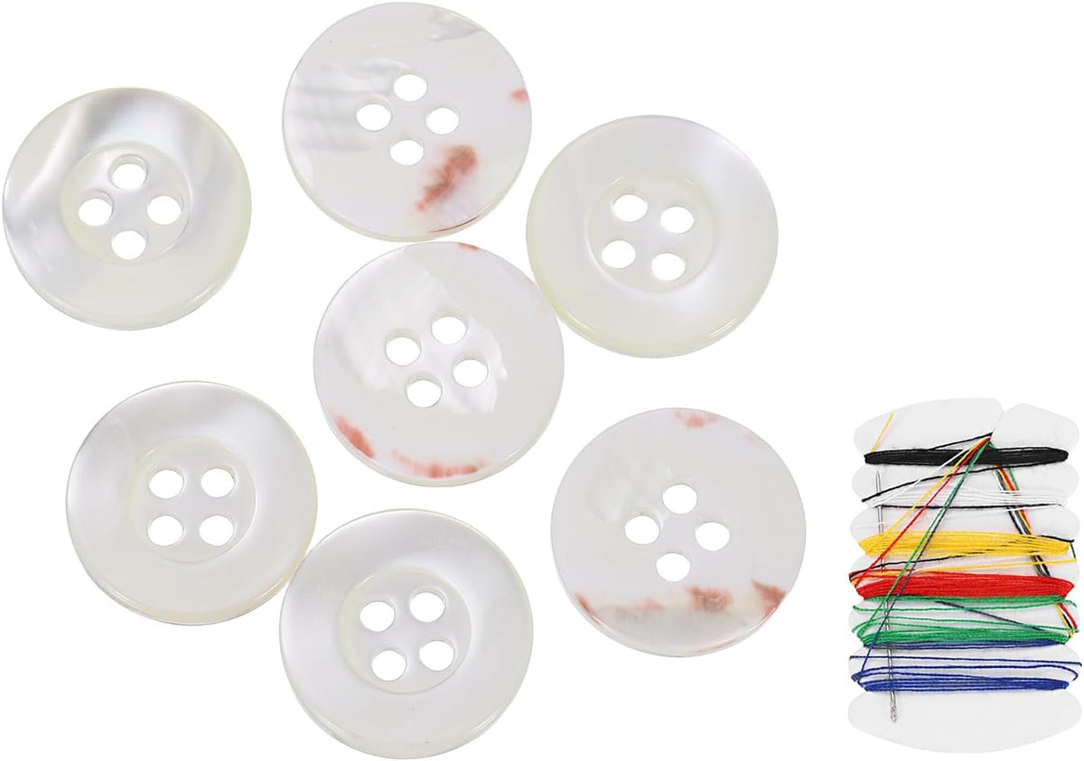 7Pcs Natural Shell Button, 4 Hole 15mm Wide Edge Mother of Pearl Buttons with Sewing Thread Kit for Shirt Coats Suits Jacket Jeans Skirts DIY Sewing Crafts, White/Black