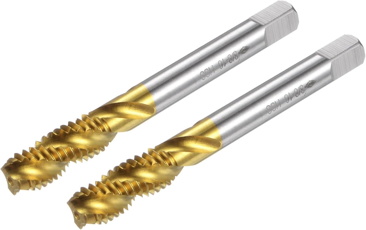 2pcs Spiral Flute Thread Taps, 3/8-16 UNC H2 Screw Threading Tap, Titanium Coated 6542 High Speed Steel Machine Tapping Tools for Machinist Repair