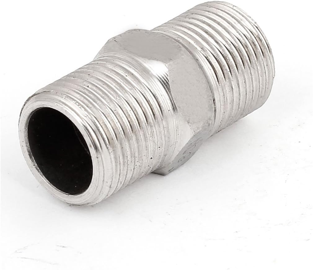 Silver Tone 3/8PT Male Thread Full Port Hex Nipple Fitting 34mm Length