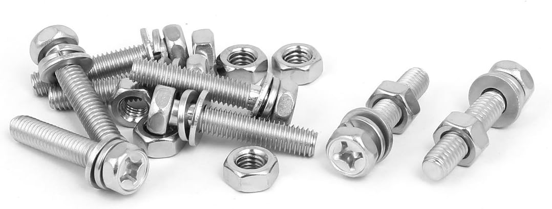 M6 x 30mm 304 Stainless Steel Phillips Hex Head Bolts Nuts w Washers 8 Sets