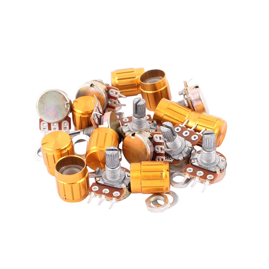 a16060300ux0020 10 Piece WH148-B200K 200K Ohm Rotary Linear Taper Potentiometers with Golden Knob, 0.59" Width, 0.59" Length