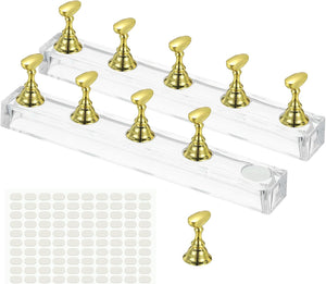 2 Pcs Nail Holder for Painting Nails, Acrylic Nail Stand for Press on Display with 100 Pcs Adhesive Tapes for Art Salon Home DIY, Gold