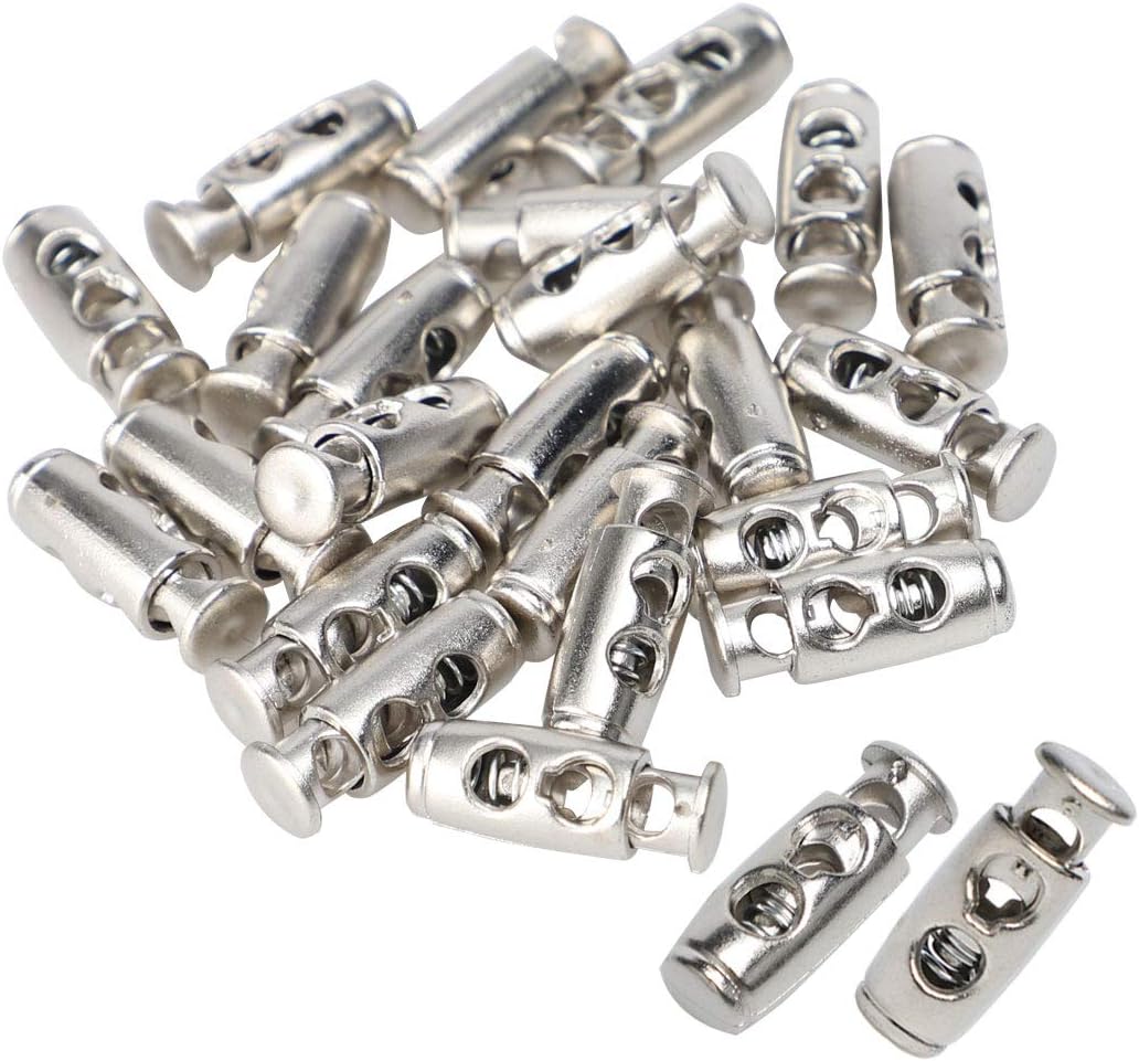 LinkMejor 30pcs Spring Cord Locks Plastic Ends Stopper Double Hole Toggle Fastener Rope Ends for Drawstrings, Shoelaces, Tents, Lanyard, Silver Tone