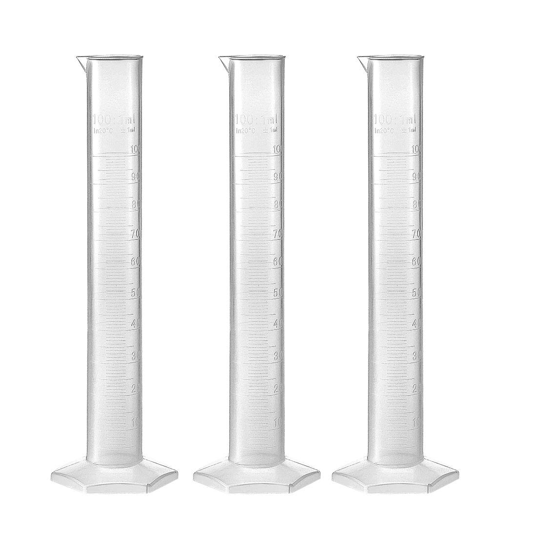 Plastic Graduated Cylinder, 100ml Measuring Cylinder, Science Test Tube Beakers, Single Metric Scale, Clear Hex Base Flask for Lab Home 3pcs