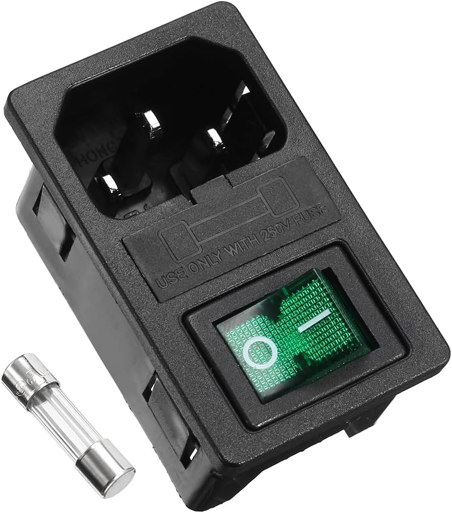 Male Power Socket IEC320 C14 AC250V 10A Inlet Module Plug with Fuse Holer Green Rocker Switch