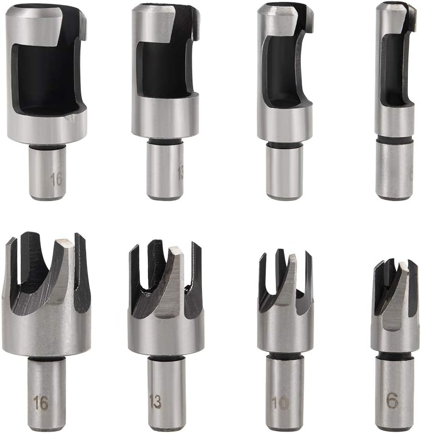 Wood Plug Cutter Drill Bit Set 1/4” 3/8” 1/2” 5/8” Barrel Cork Tenon Hole Saw Cutting Tool for Woodworking, High Carbon Steel 8in1 Set