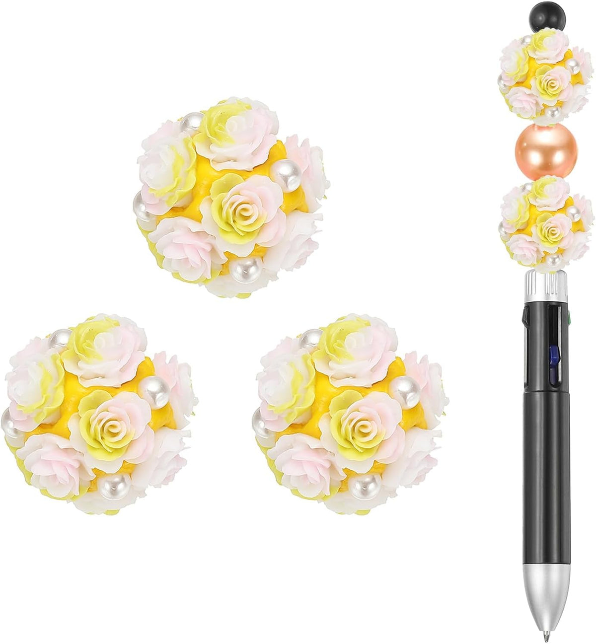 5 Pcs Rhinestone Focal Beads for Pens, 0.8" Glass Flower Ball Beads Spacer Beaded Charm for DIY Jewelry Pen Keychain Making, Yellow/Pink