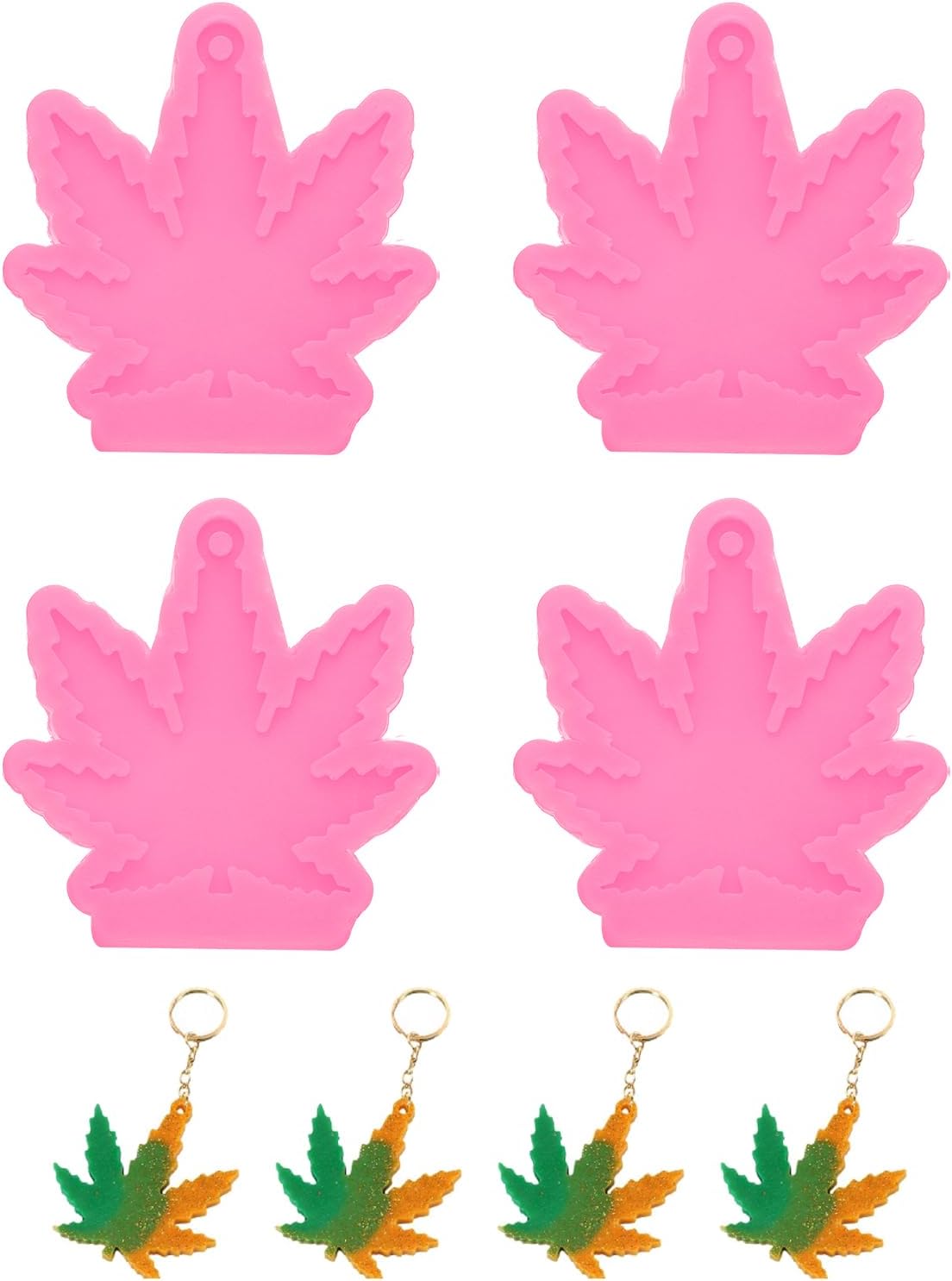 LinkMejor 4 Pcs Leaf Resin Moulds, Silicone Epoxy Mould Kit with Hole for Pendant Keychains Ornament Jewelry Resin Art Crafts Making DIY Crafts, Pink